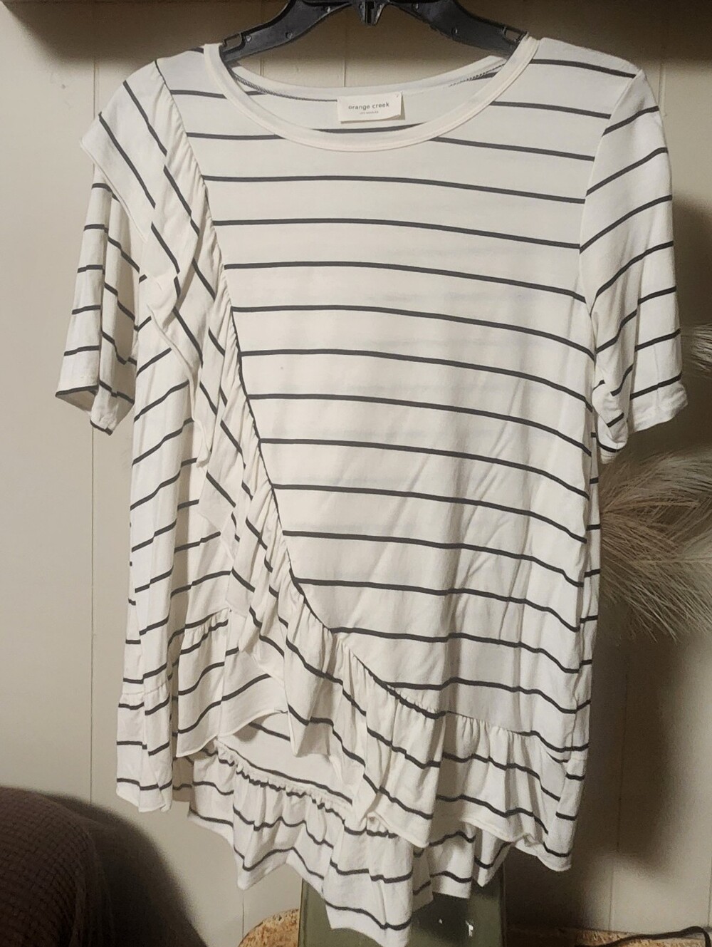 orange creek White and Black Striped Ruffle Hem Short Sleeve Top